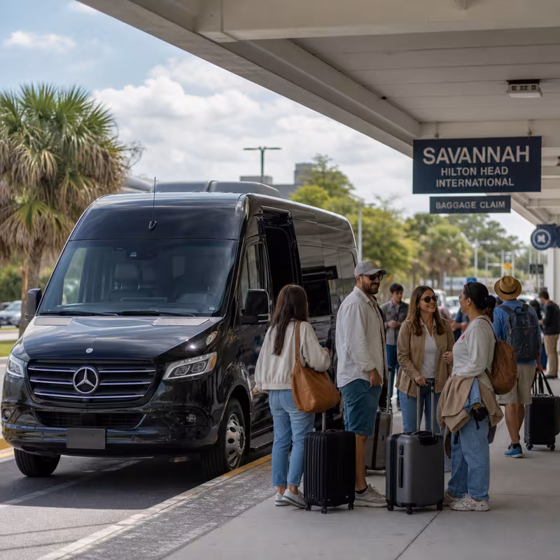 Group boarding a white charter bus for Airport Transportation transportation in Savannah