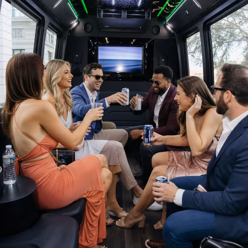 Party bus interior with wraparound leather seating and LED lighting in Savannah