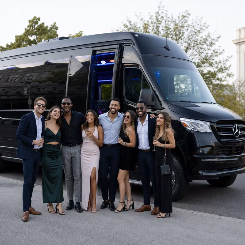 Party bus interior with wraparound leather seating and LED lighting in Savannah