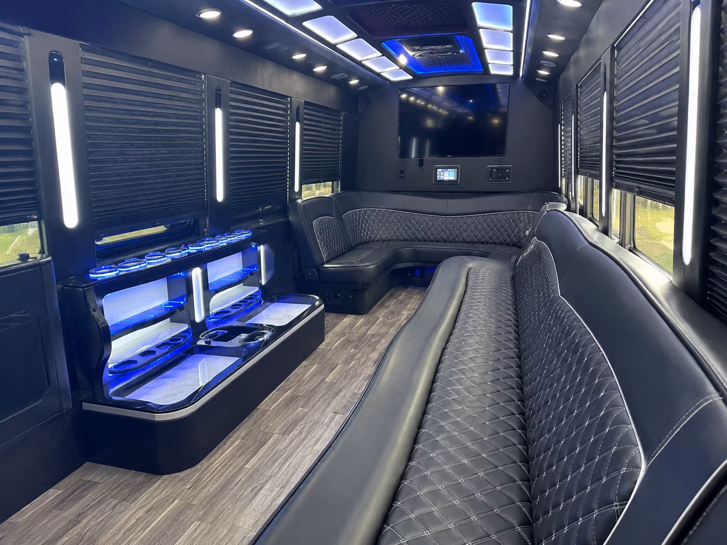 Interior of a party bus rental serving Savannah