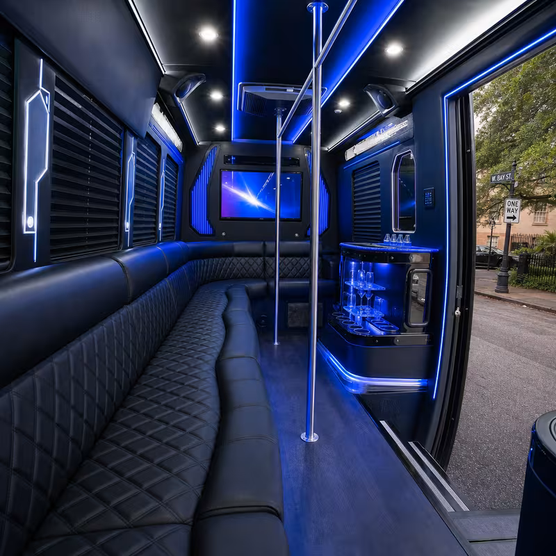 Party bus interior with wraparound leather seating and LED lighting in Savannah