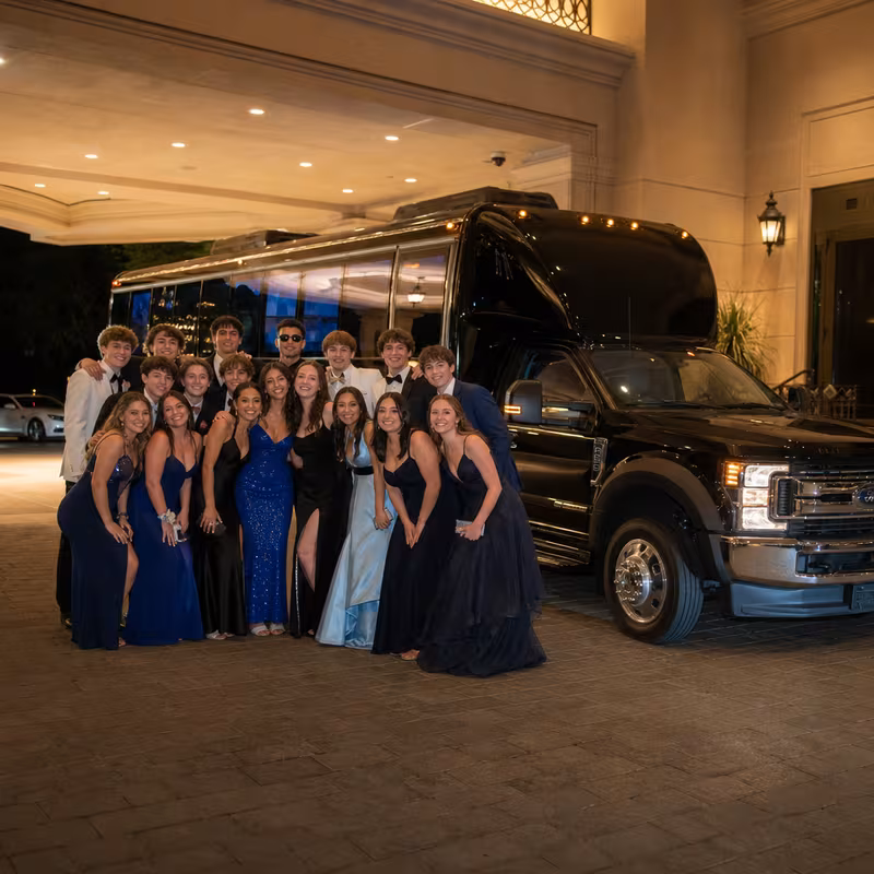 Party bus interior with wraparound leather seating and LED lighting in Savannah