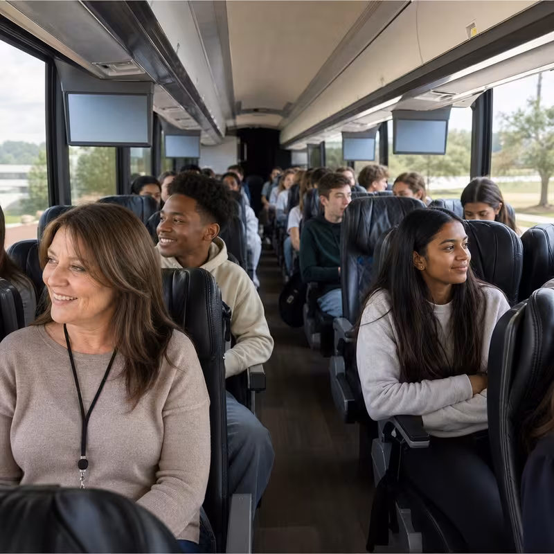 Group boarding a white charter bus for School Transportation transportation in Savannah