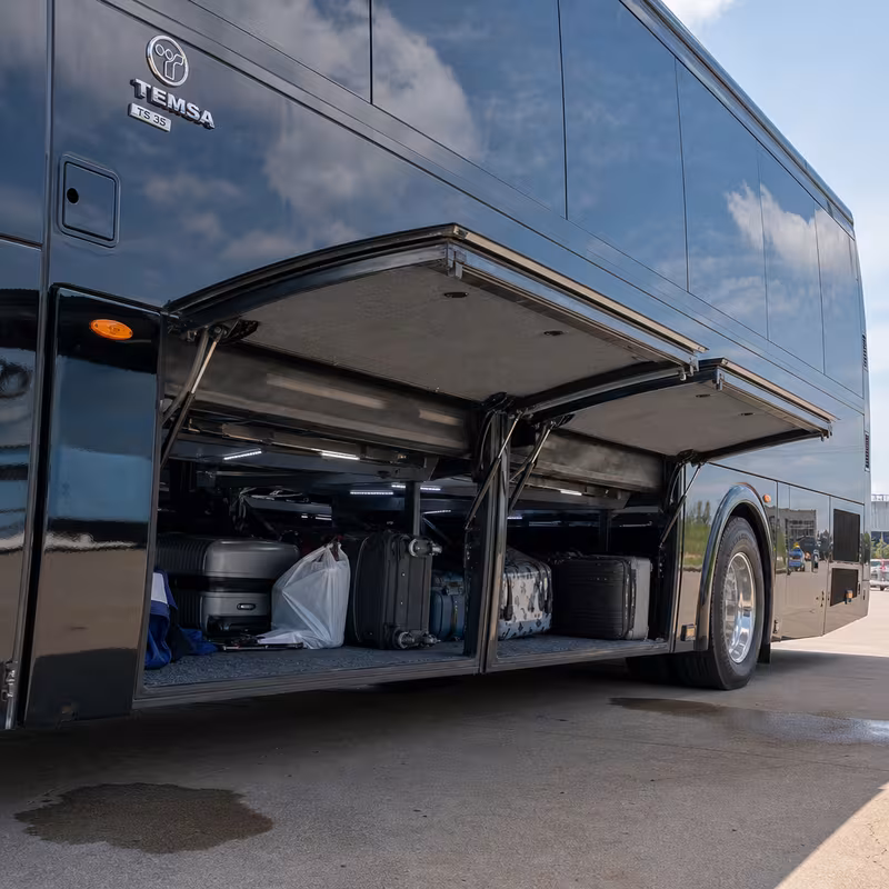 Party bus interior with wraparound leather seating and LED lighting in Savannah