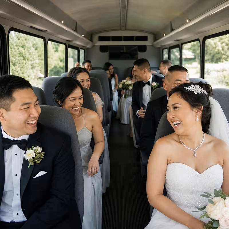 Group boarding a white charter bus for Wedding Transportation transportation in Savannah