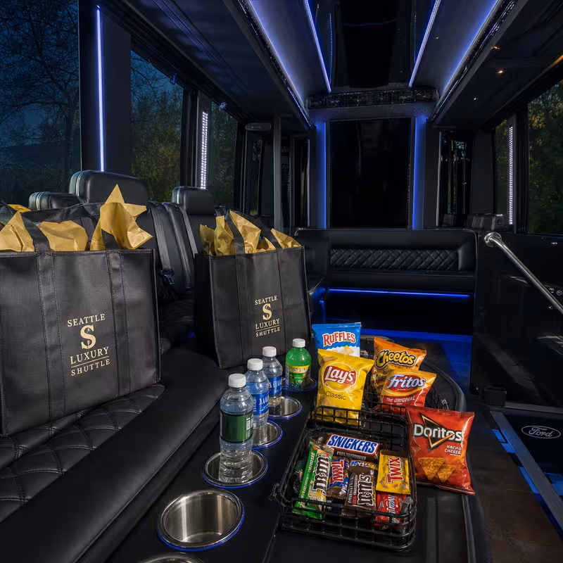 Party bus interior with wraparound leather seating and LED lighting in Savannah